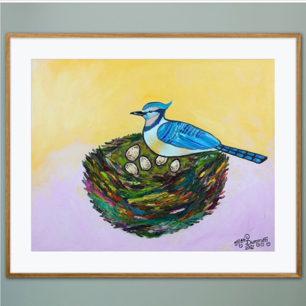 Blue Jay Nest Masterpiece Art Print Oil Painting Whimsical Bird Eggs Colorful